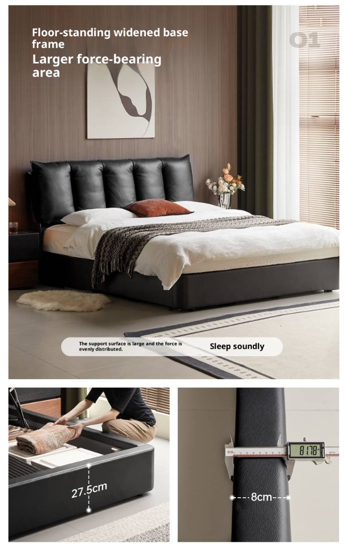 Genuine Leather Black Light Luxury Box Bed