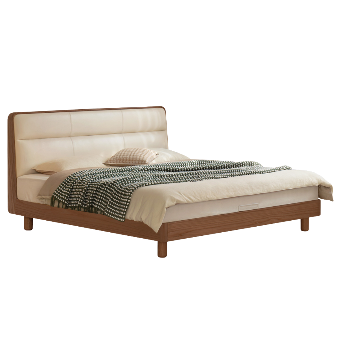 Oak, Ash Solid Wood Genuine Leather Soft Bed