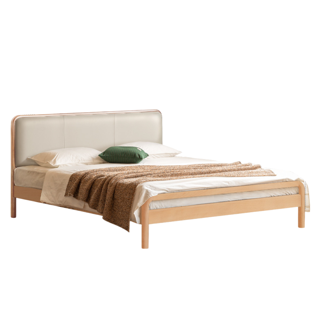 Beech Solid Wood Genuine Leather Soft Headboard Bed
