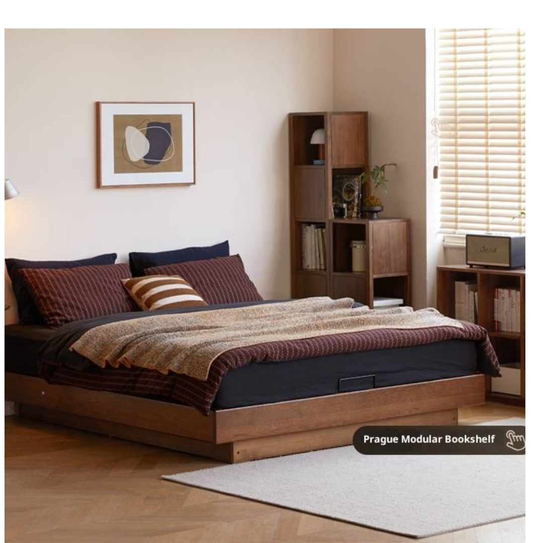 Oak Solid Wood Floating Platform Box Bed, Headboard-Free Bed with Light Modern Minimalist