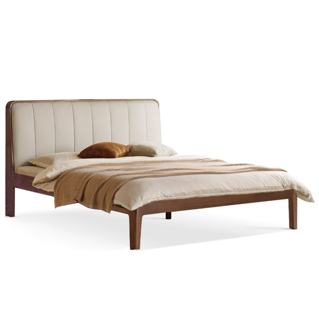 Teak, Black Walnut Solid Wood Bed Leather Soft Bed with Socket