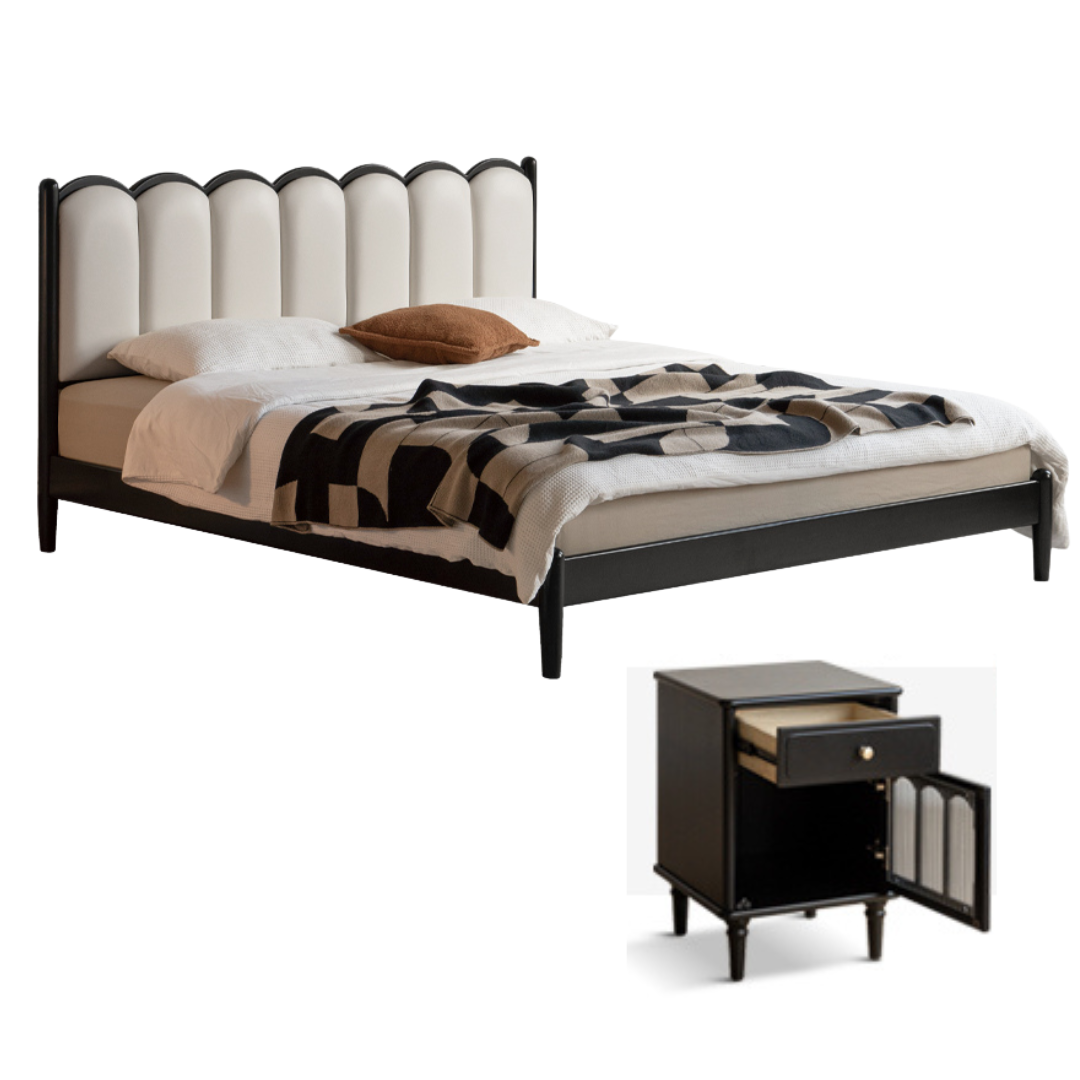 Rubber wood, Poplar Solid Wood Bed French Retro Style Black Harp Bed