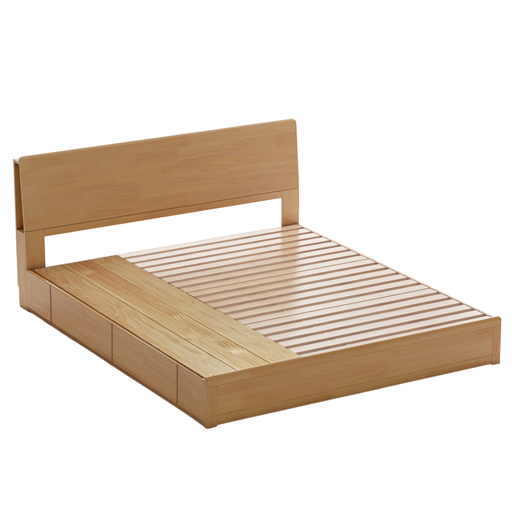 Oak, Rubberwood Solid Wood Box Bed with Light and Bookshelf