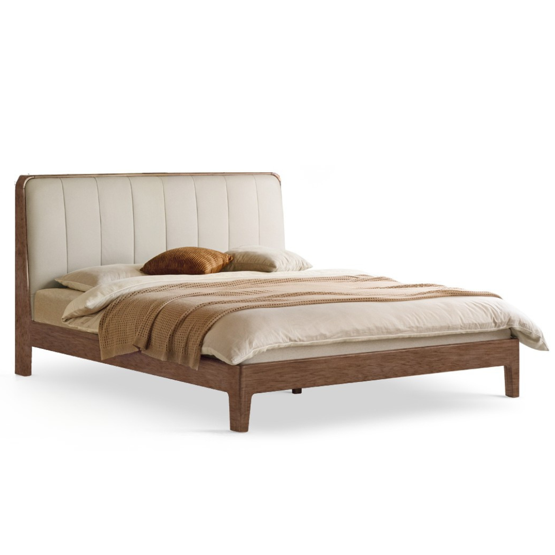 Teak, Black Walnut Solid Wood Bed Leather Soft Bed with Socket