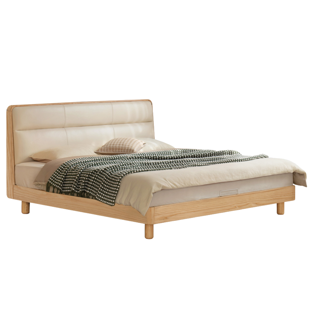 Oak, Ash Solid Wood Genuine Leather Soft Bed