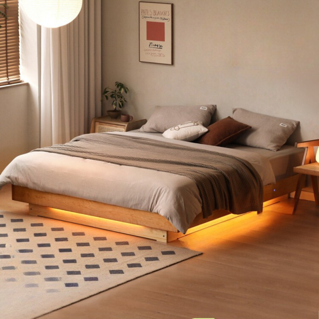 Cherry Solid Wood Floating Platform Box Bed, Headboard-Free Bed