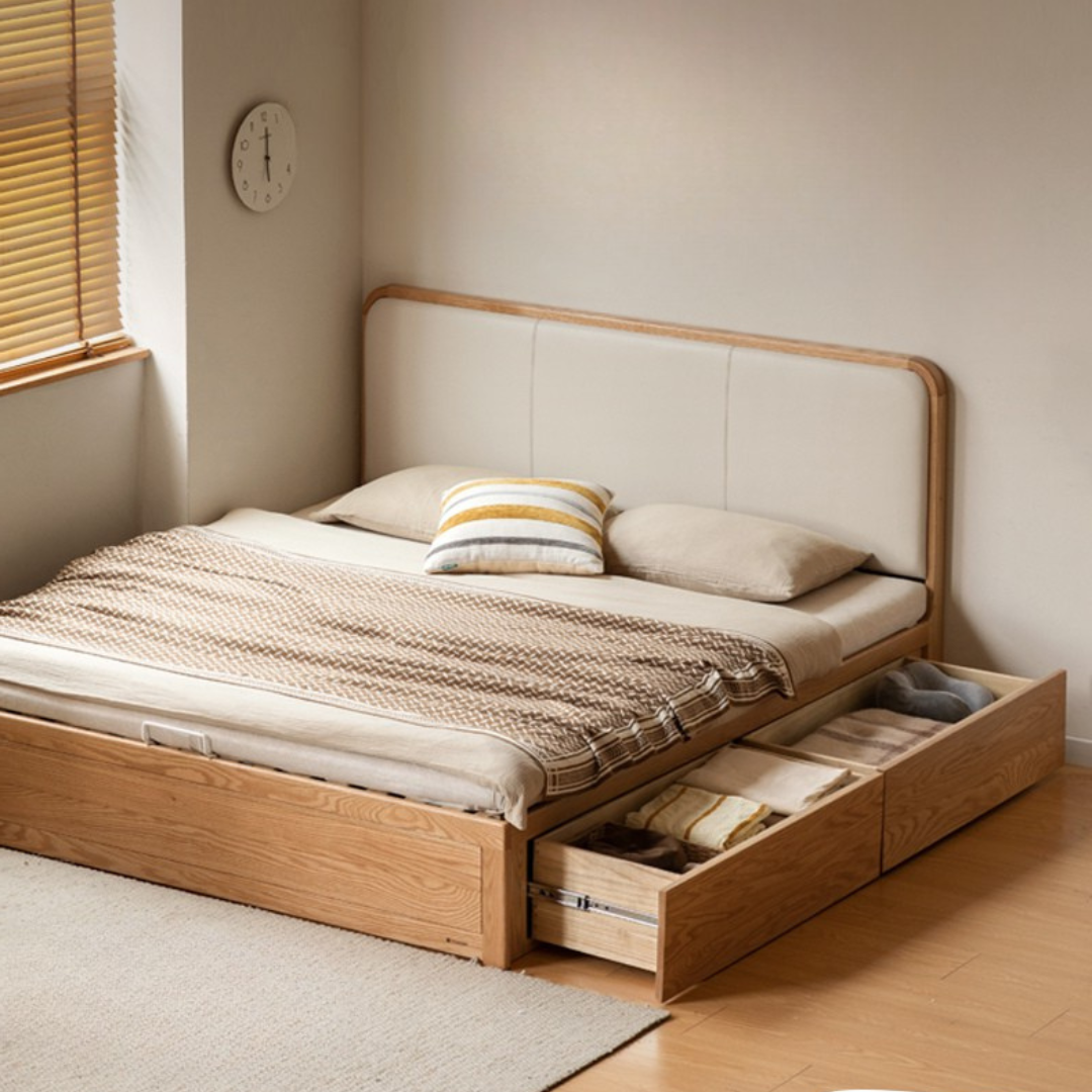 Oak Solid Wood Genuine Leather, Eco-leather Box Bed