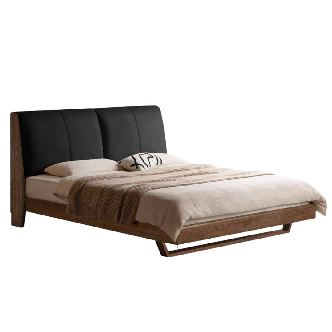 Teak, Black Walnut Solid Wood Genuine Leather Soft Bed Italian Light Luxury