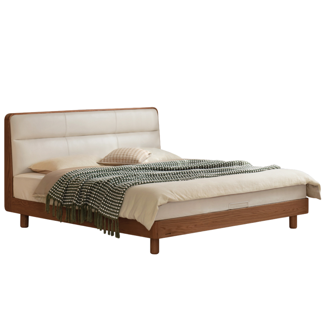 Oak, Ash Solid Wood Genuine Leather Soft Bed