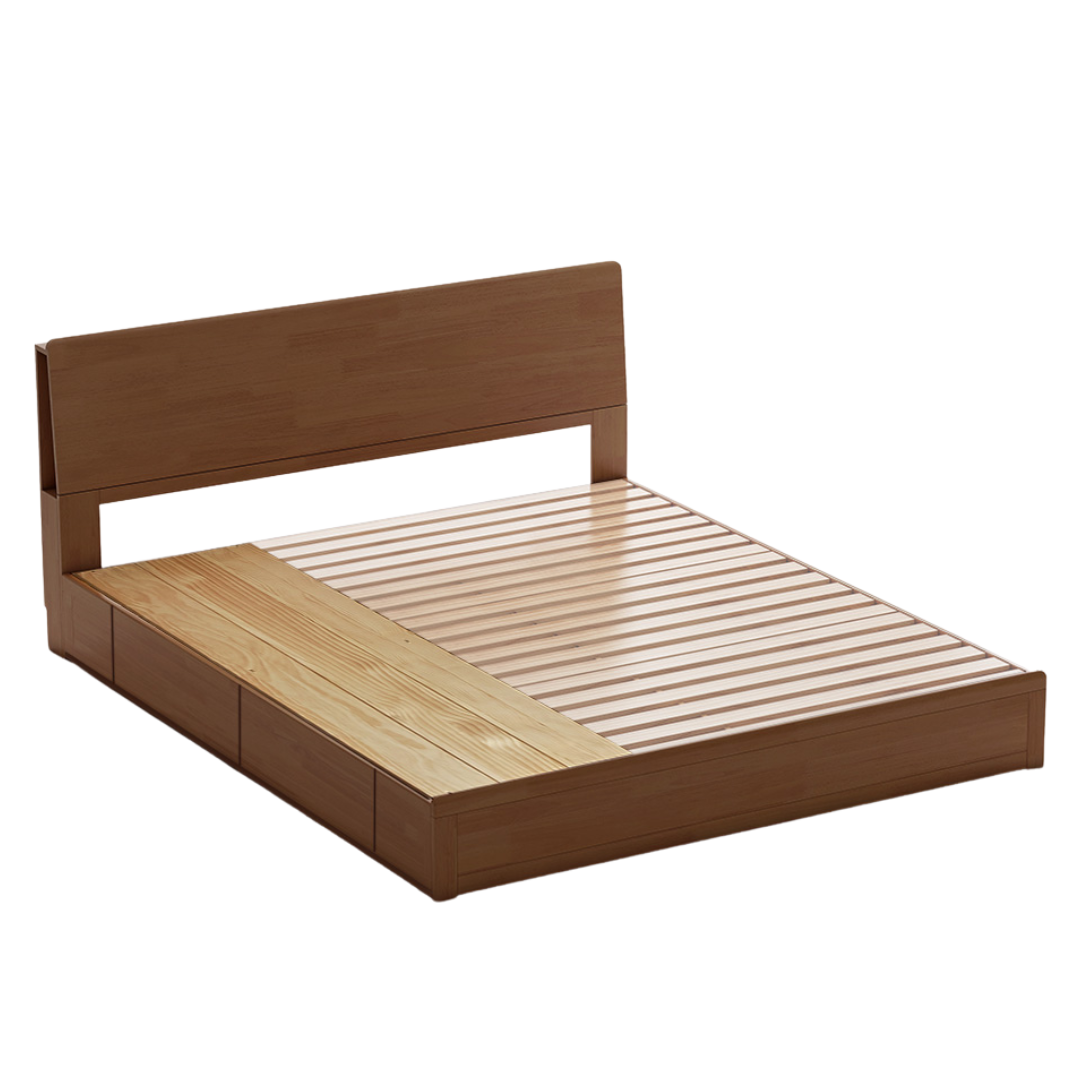 Oak, Rubberwood Solid Wood, Multifunctional Storage Box Bed