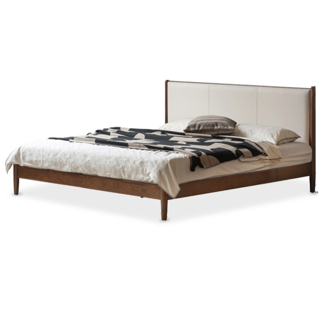 Oak,Black Walnut Solid Wood Top-Grain Cowhide Leather Bed