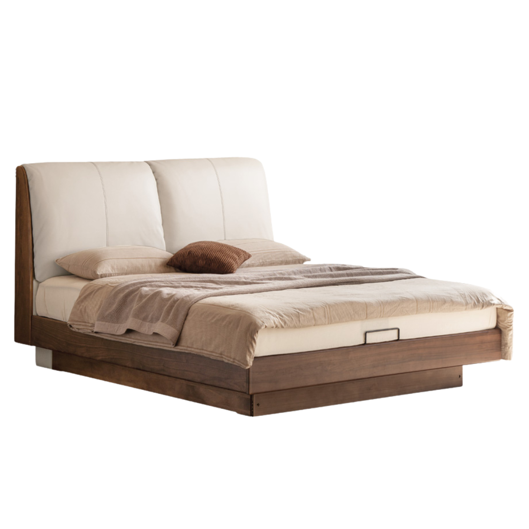 Teak, Black Walnut Solid Wood Genuine Leather Soft Bed Italian Light Luxury