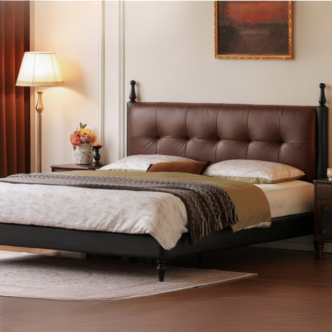 Luxury Genuine Leather Soft Backrest Bed, American Retro Style