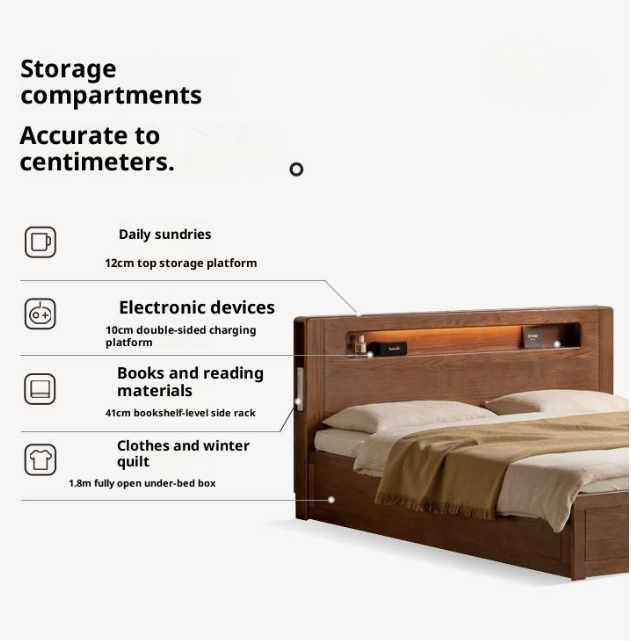 Oak Solid Wood Modern Minimalist Multifunctional with Light Box Bed