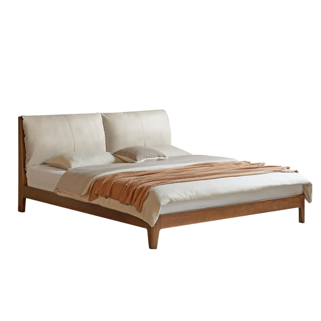 Oak Solid Wood Simple Fabric Soft Package Bed
