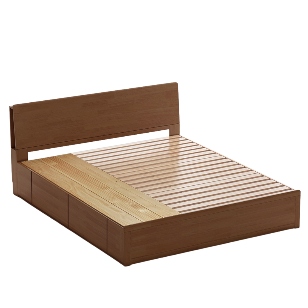 Oak, Rubberwood Solid Wood, Multifunctional Storage Box Bed