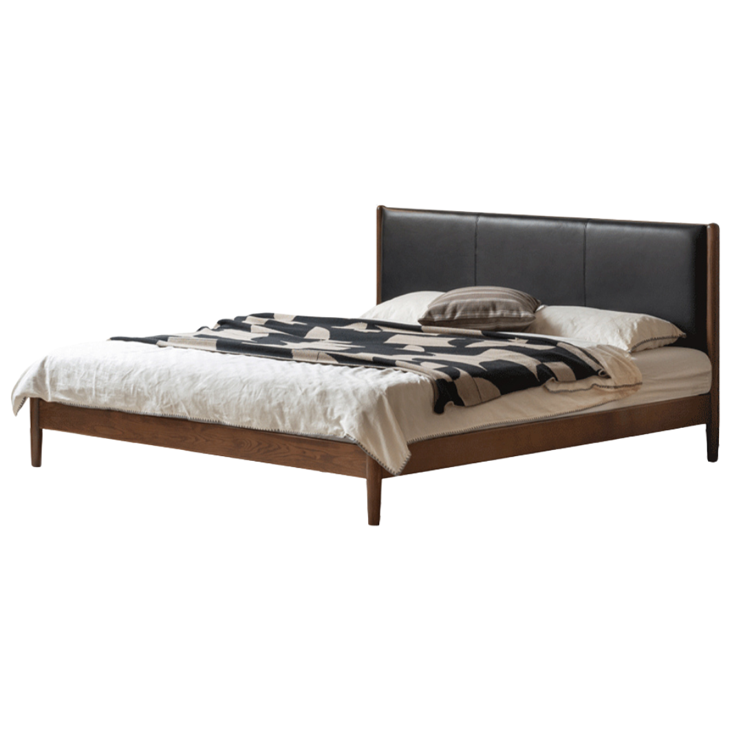 Oak,Black Walnut Solid Wood Top-Grain Cowhide Leather Bed