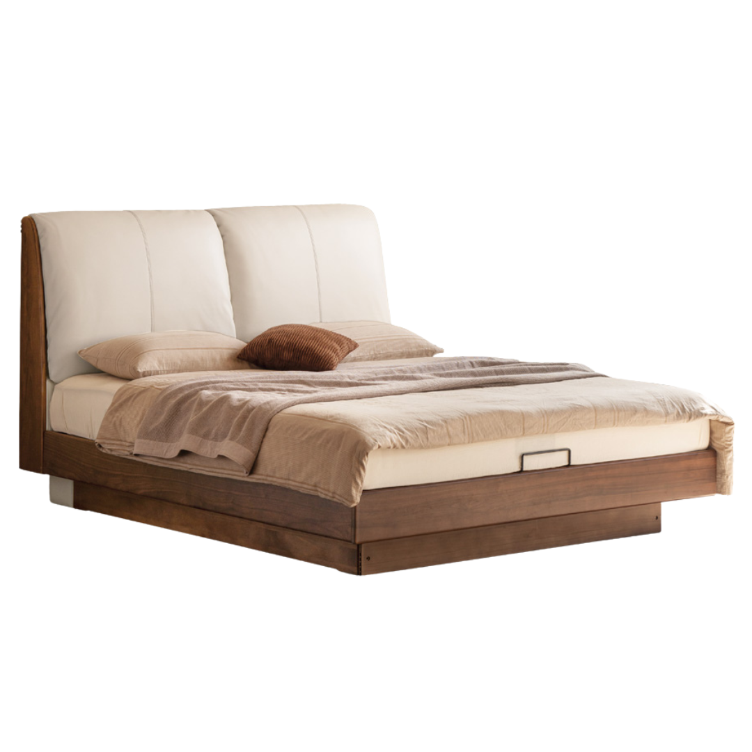 Teak, Black Walnut Solid Wood Genuine Leather Soft Bed Italian Light Luxury