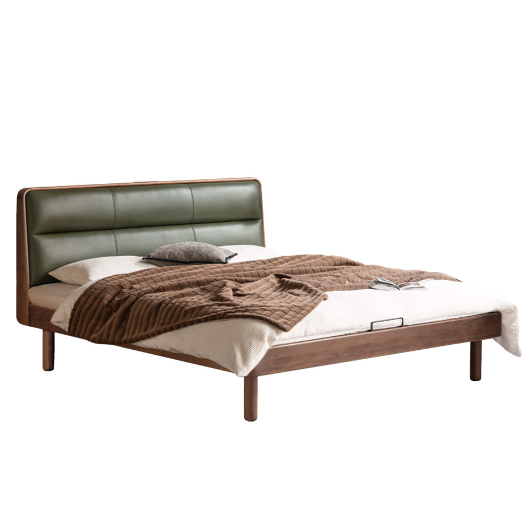 Black Walnut, Teak Solid Wood Luxury Genuine Leather Bed