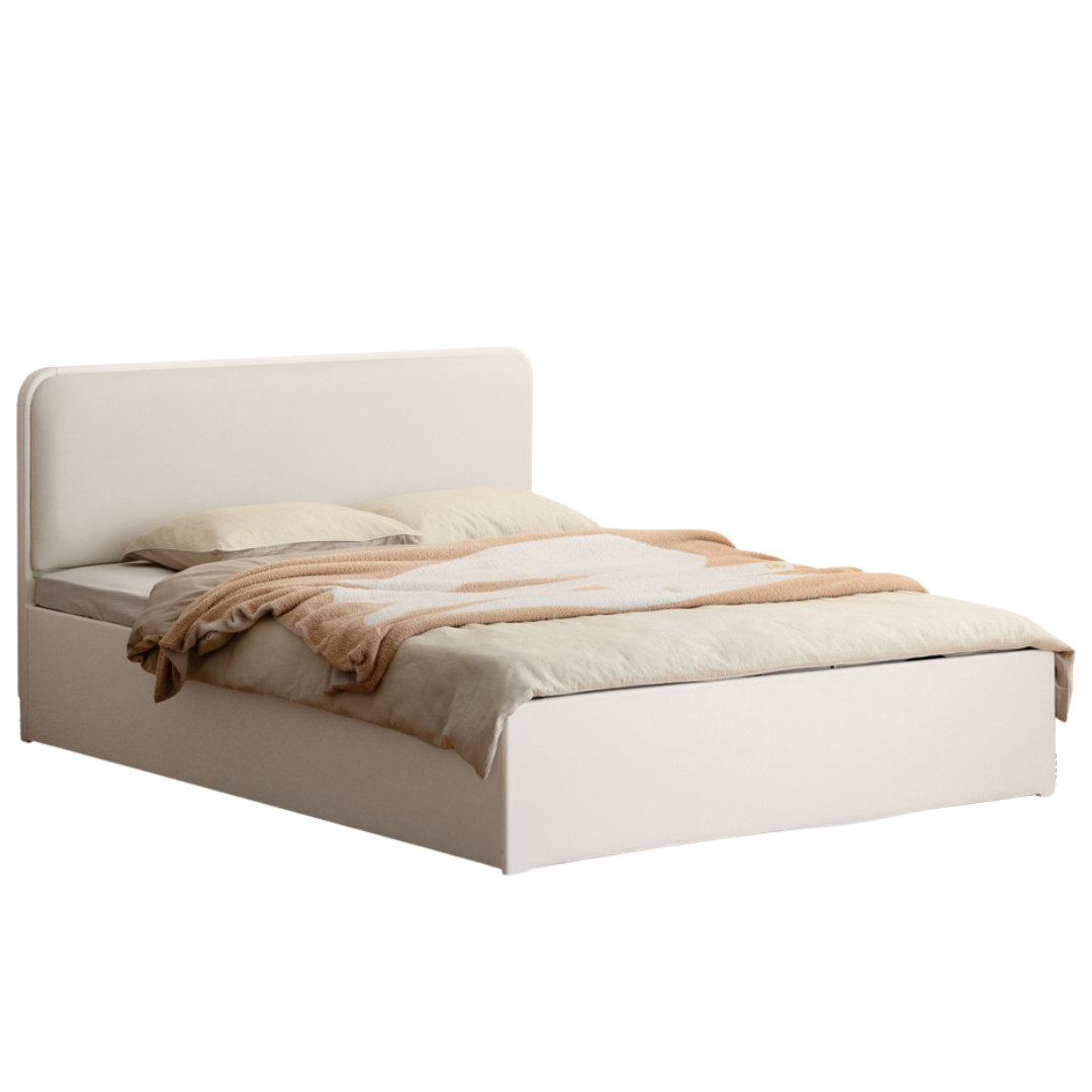 Rubberwood Solid Wood Bed Modern Minimalist Box Bed White Cream Style