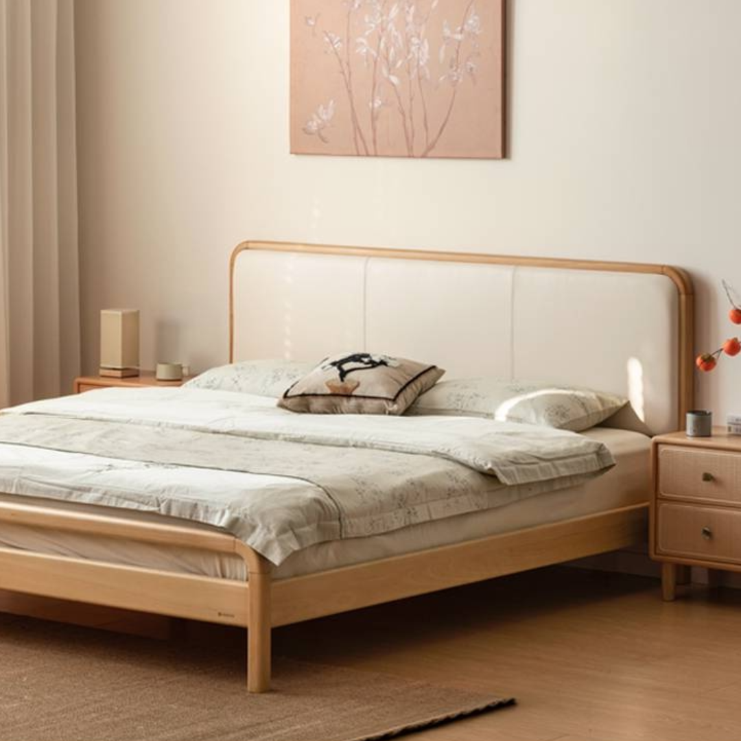 Beech Solid Wood Genuine Leather Soft Headboard Bed