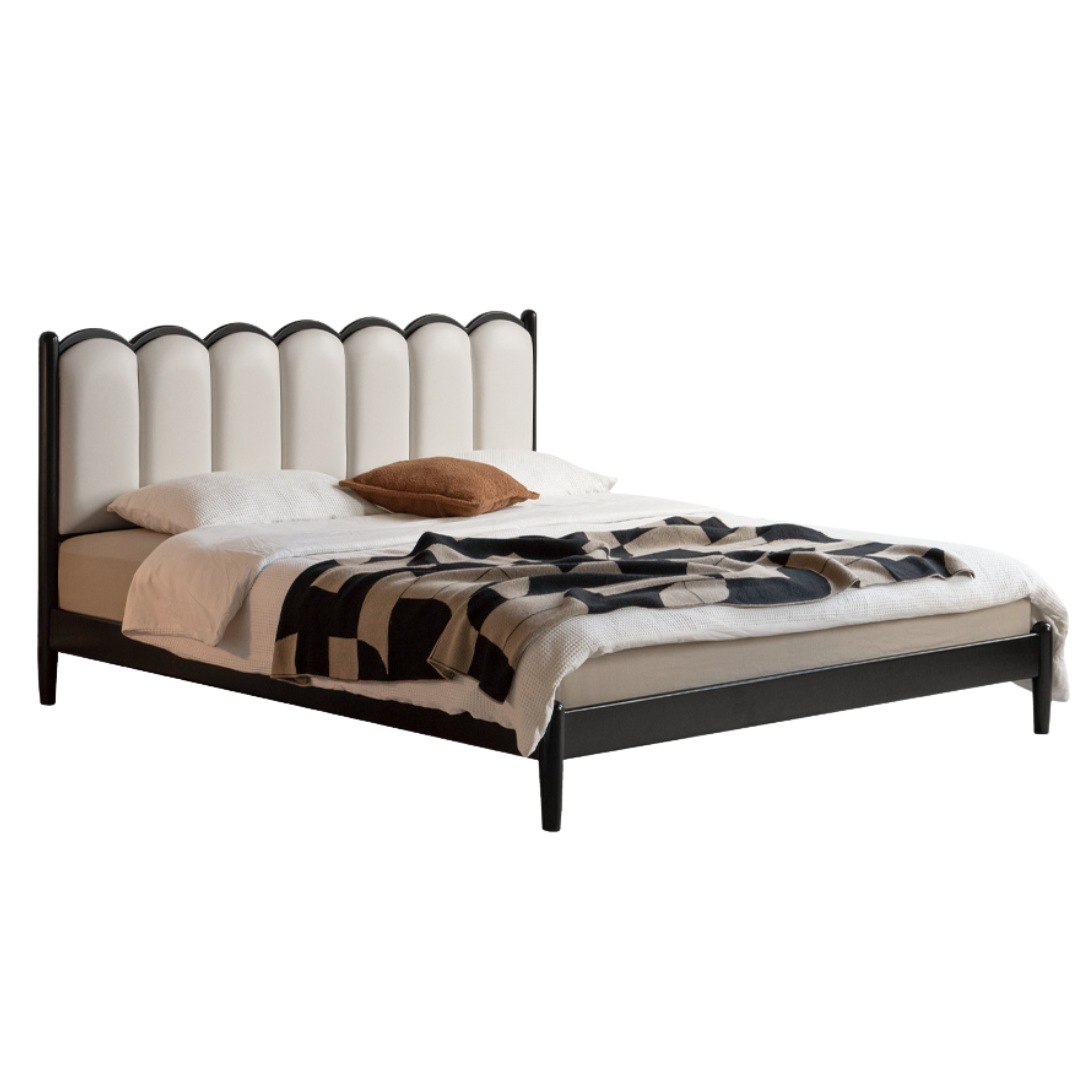 Rubber wood, Poplar Solid Wood Bed French Retro Style Black Harp Bed