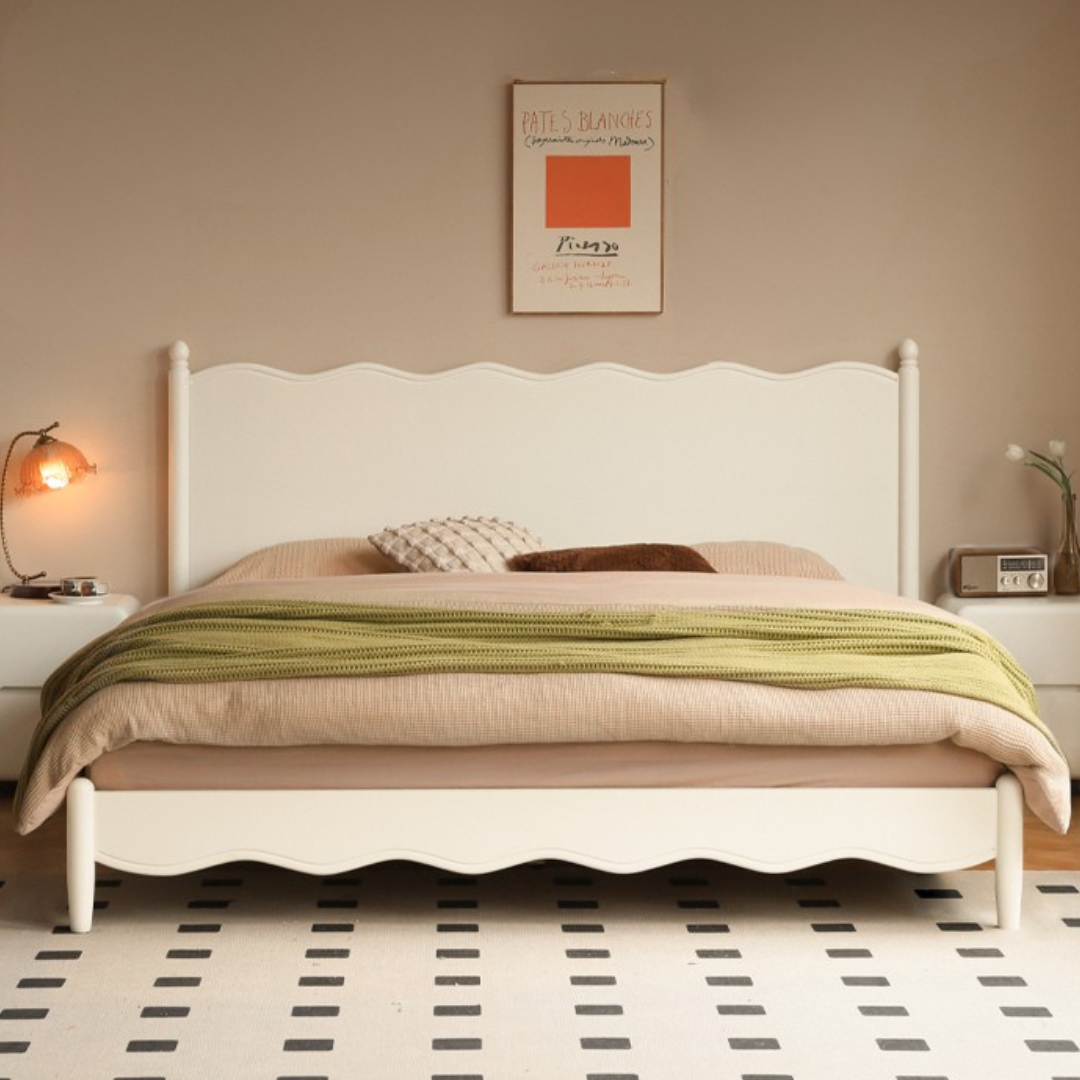 Rubberwood Solid Wood Bed, French Cream Style