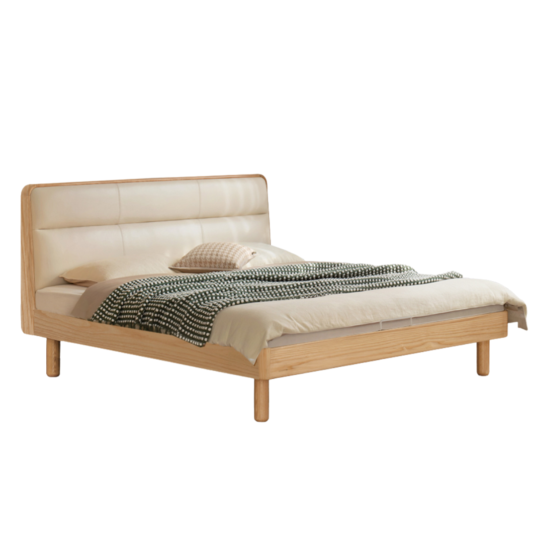Oak, Ash Solid Wood Genuine Leather Soft Bed