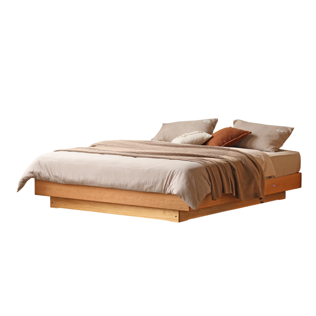 Cherry Solid Wood Floating Platform Box Bed, Headboard-Free Bed