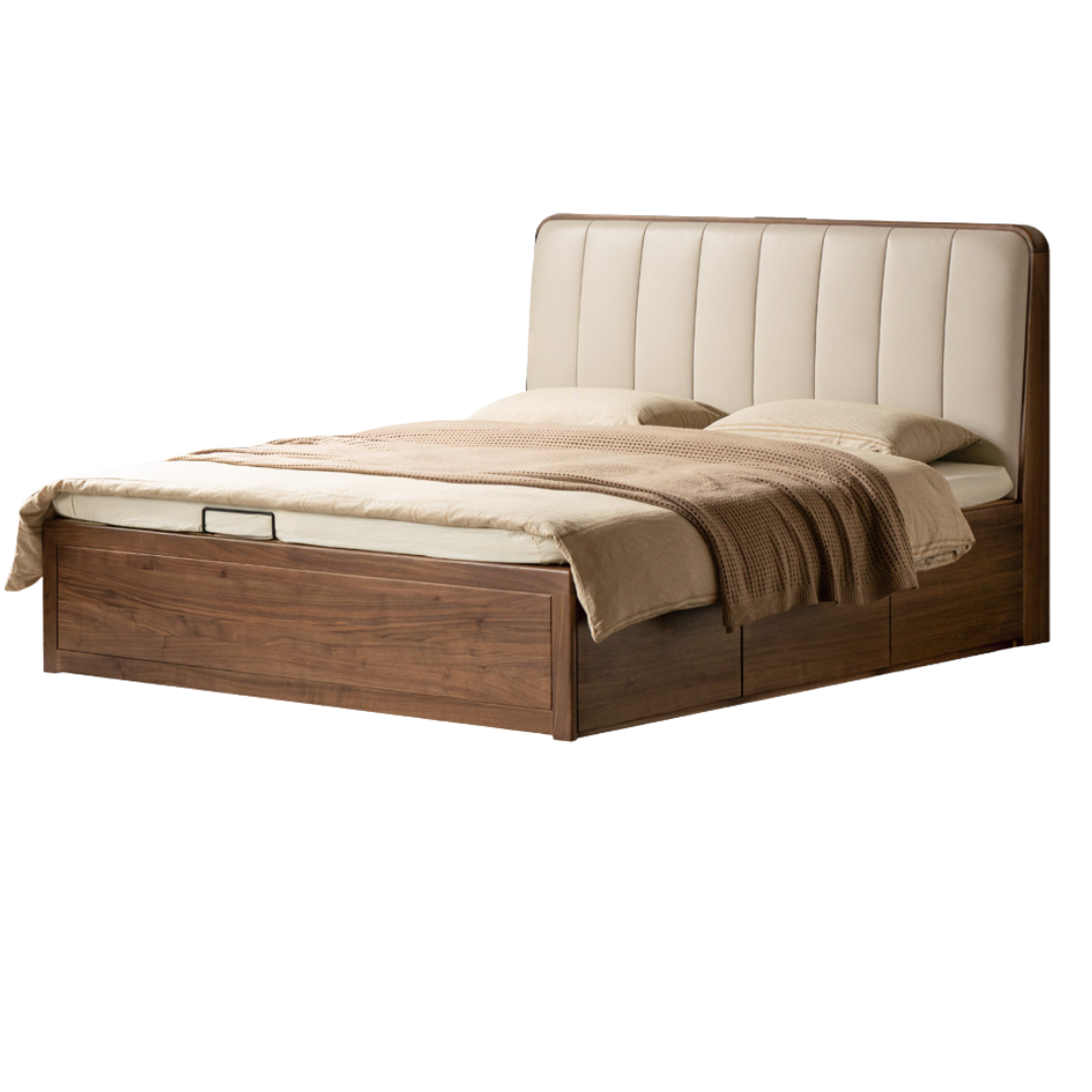 Teak, Black Walnut Solid Wood Bed Leather Soft Bed with Socket