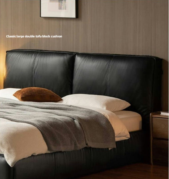 Genuine Leather Upholstered Bed — Black Large Bed, Italian Light Luxury Design