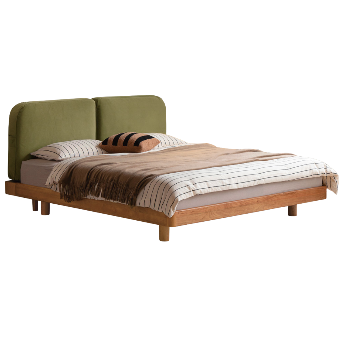 Cherry Solid Wood Upholstered Bed — Platform Bed, Headboard-Free Bed Floor Style, Simple Floating Bed