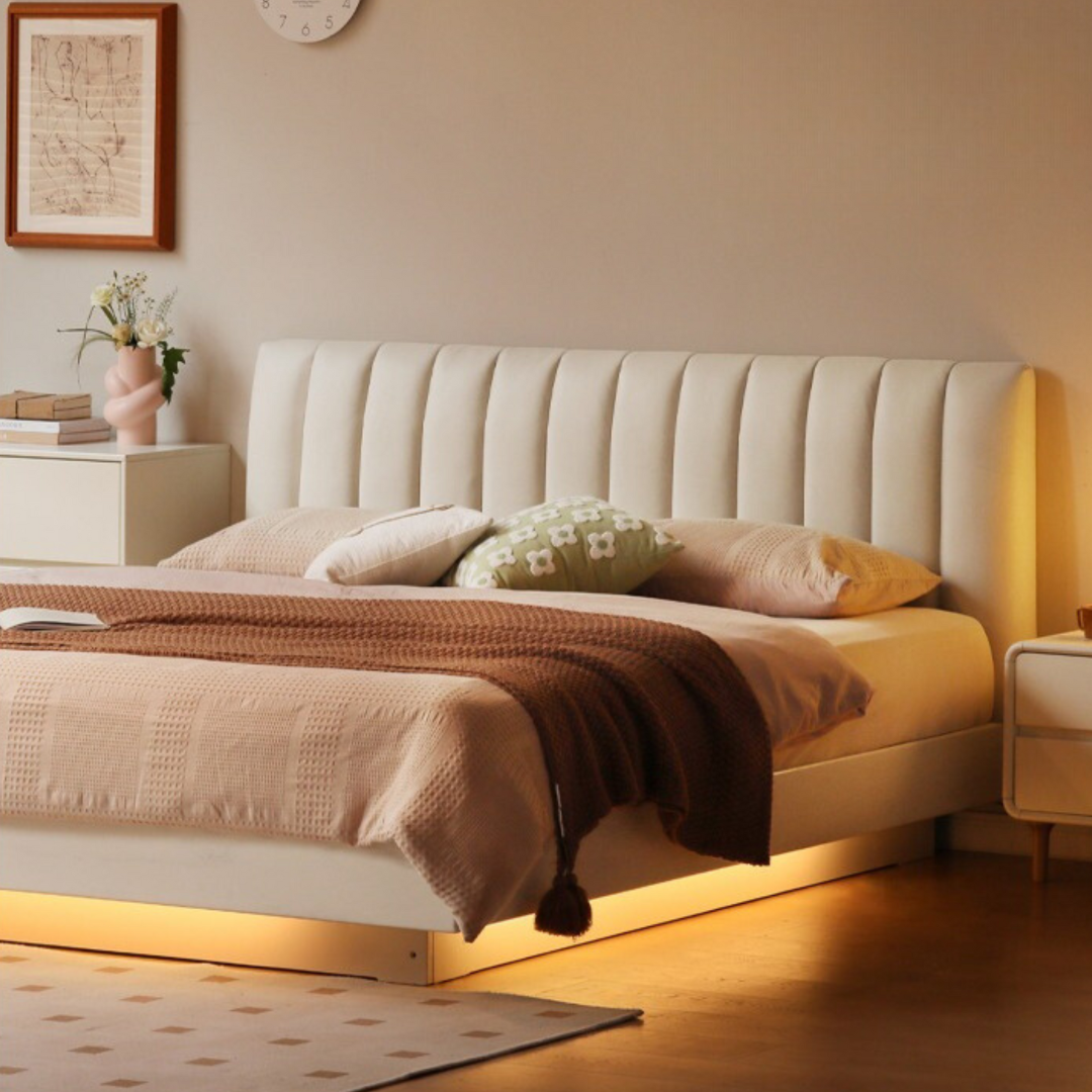 Oak, Rubber Wood Solid Wood Cream Technical Fabric Suspended Box Storage Bed