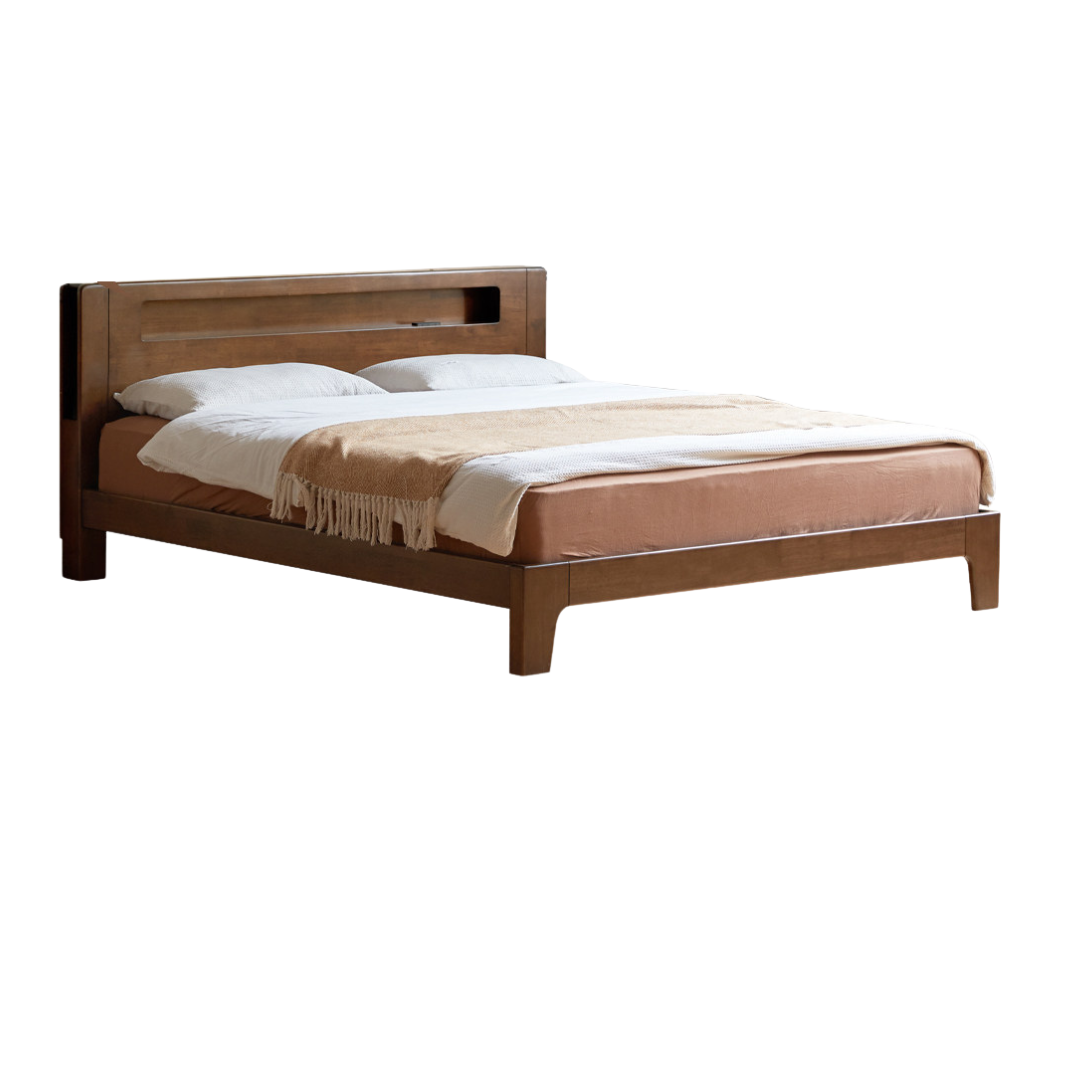 Oak, Rubberwood Solid Wood Bed with Light