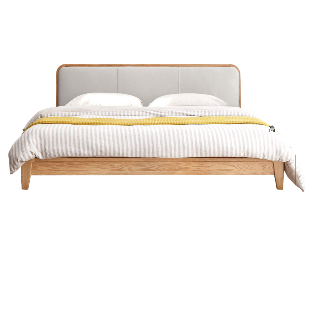 Oak Solid Wood Bed Modern Genuine Leather,Technology Cloth, Fabric