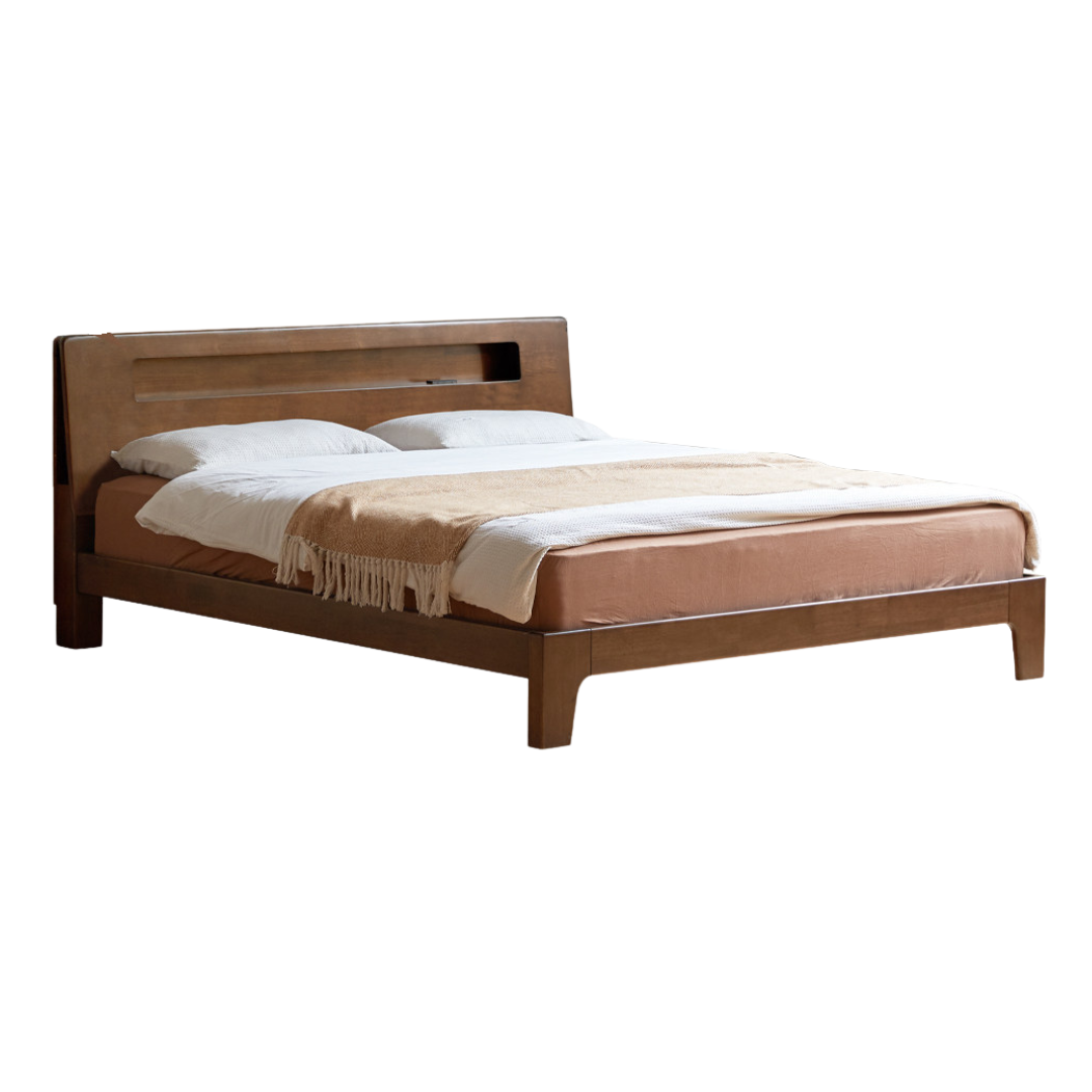 Oak, Rubberwood Solid Wood Bed with Light