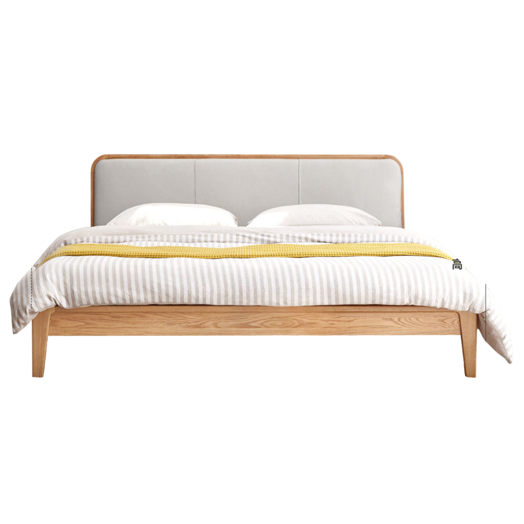 Oak Solid Wood Bed Modern Genuine Leather,Technology Cloth, Fabric