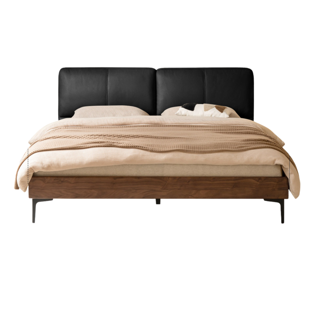 Oak,Black Walnut Solid Wood Soft Genuine Leather Bed Light Luxury