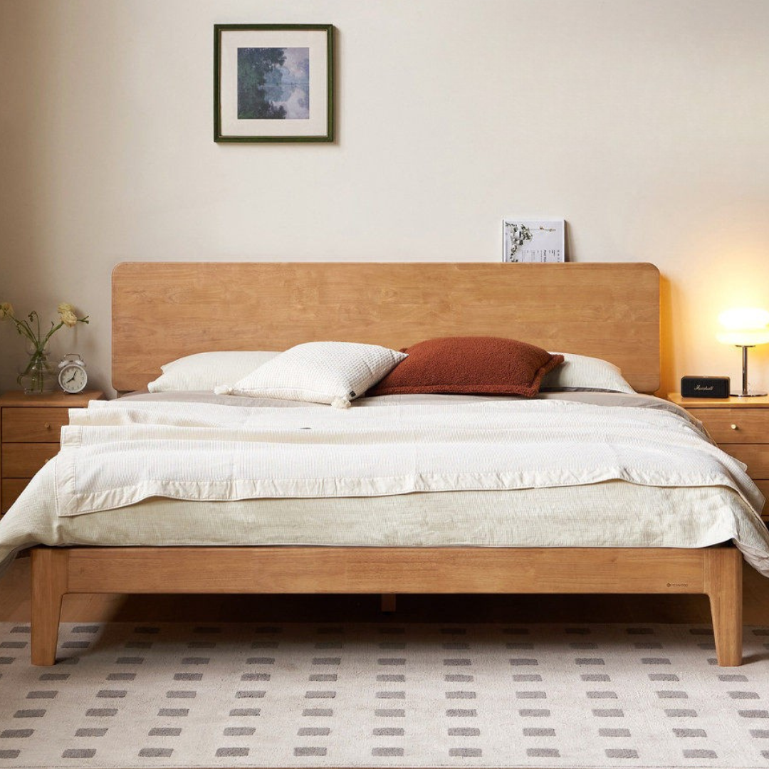 Rubberwood Solid Wood Bed — Modern Minimalist Design