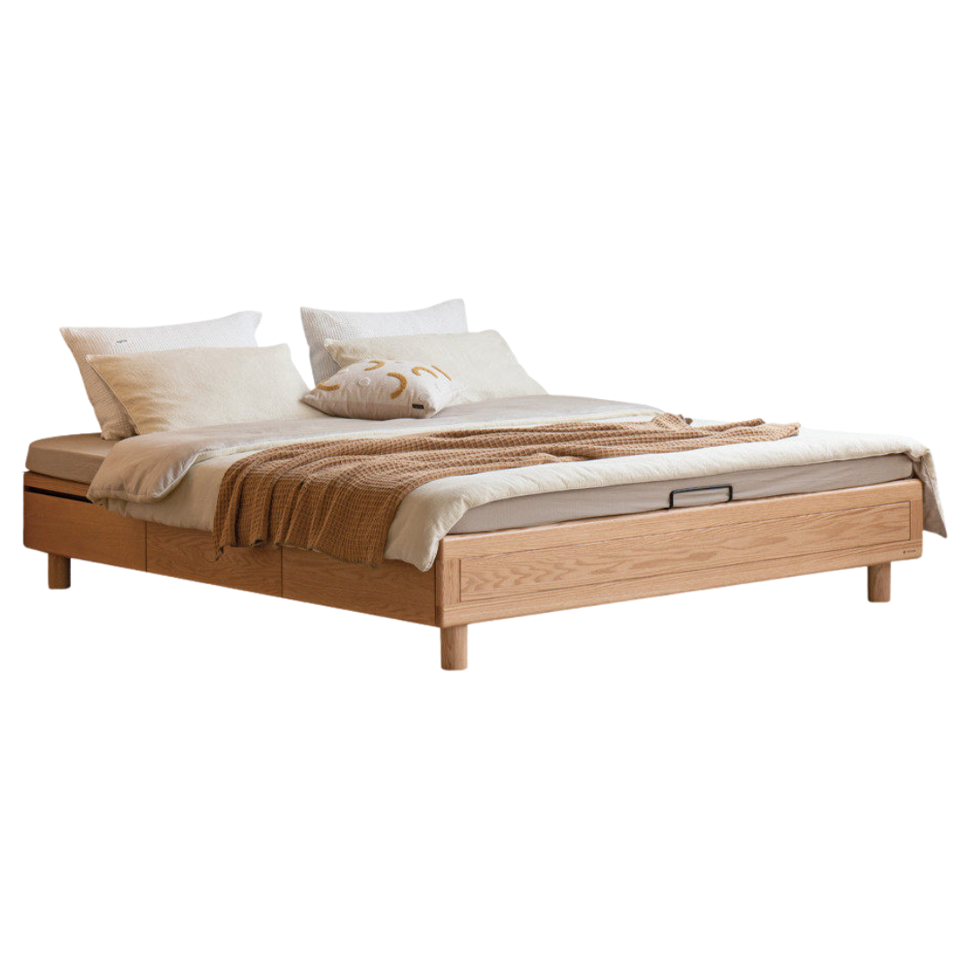 Oak Solid Wood Platform Bed — Headboard-Free, Drawer Storage, Simple Pull-Out Design
