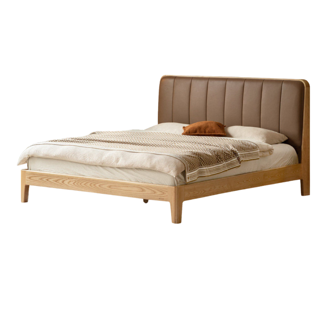 Teak, Black Walnut Solid Wood Bed Leather Soft Bed with Socket
