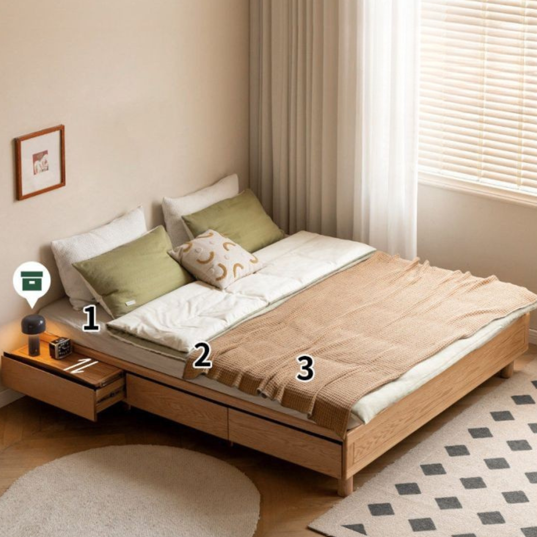 Oak Solid Wood Platform Bed — Headboard-Free, Drawer Storage, Simple Pull-Out Design