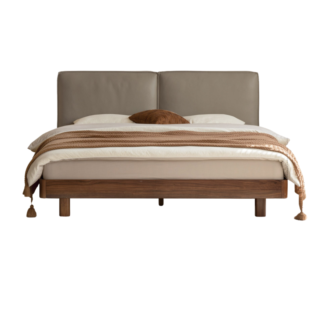 Sandalwood , Black Walnut Solid Wood Genuine Leather Suspended Bed with Light