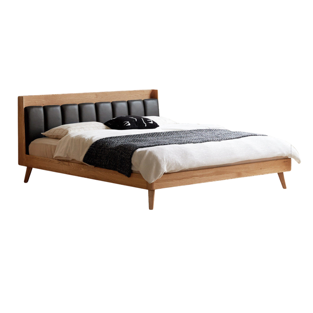 Oak Solid Wood Bed — Modern Minimalist Design with Upholstered Headboard and Piano Key Style