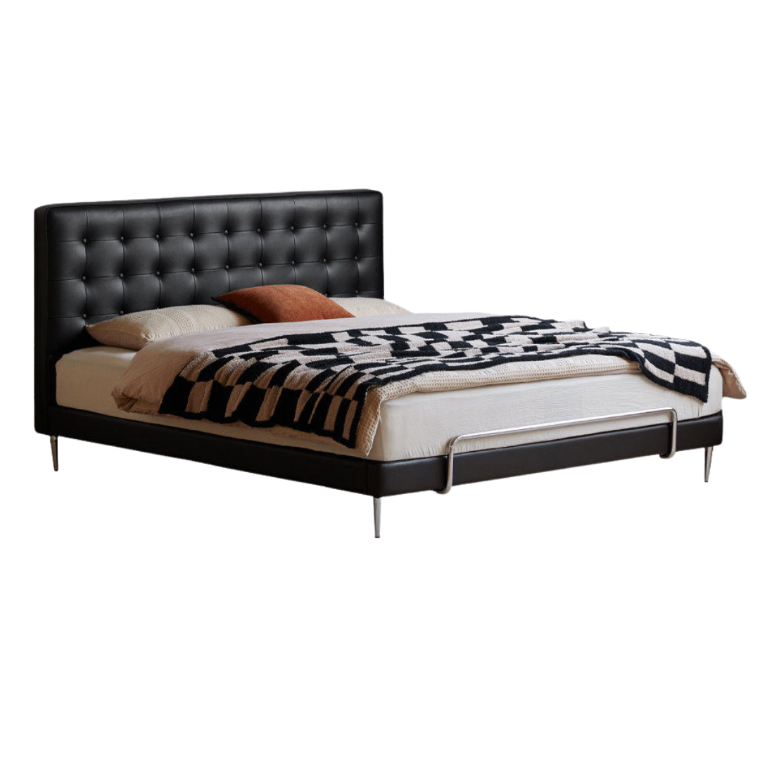 Genuine Leather Bed — Cowhide Waffle Pattern Upholstery, Vintage Bauhaus Style