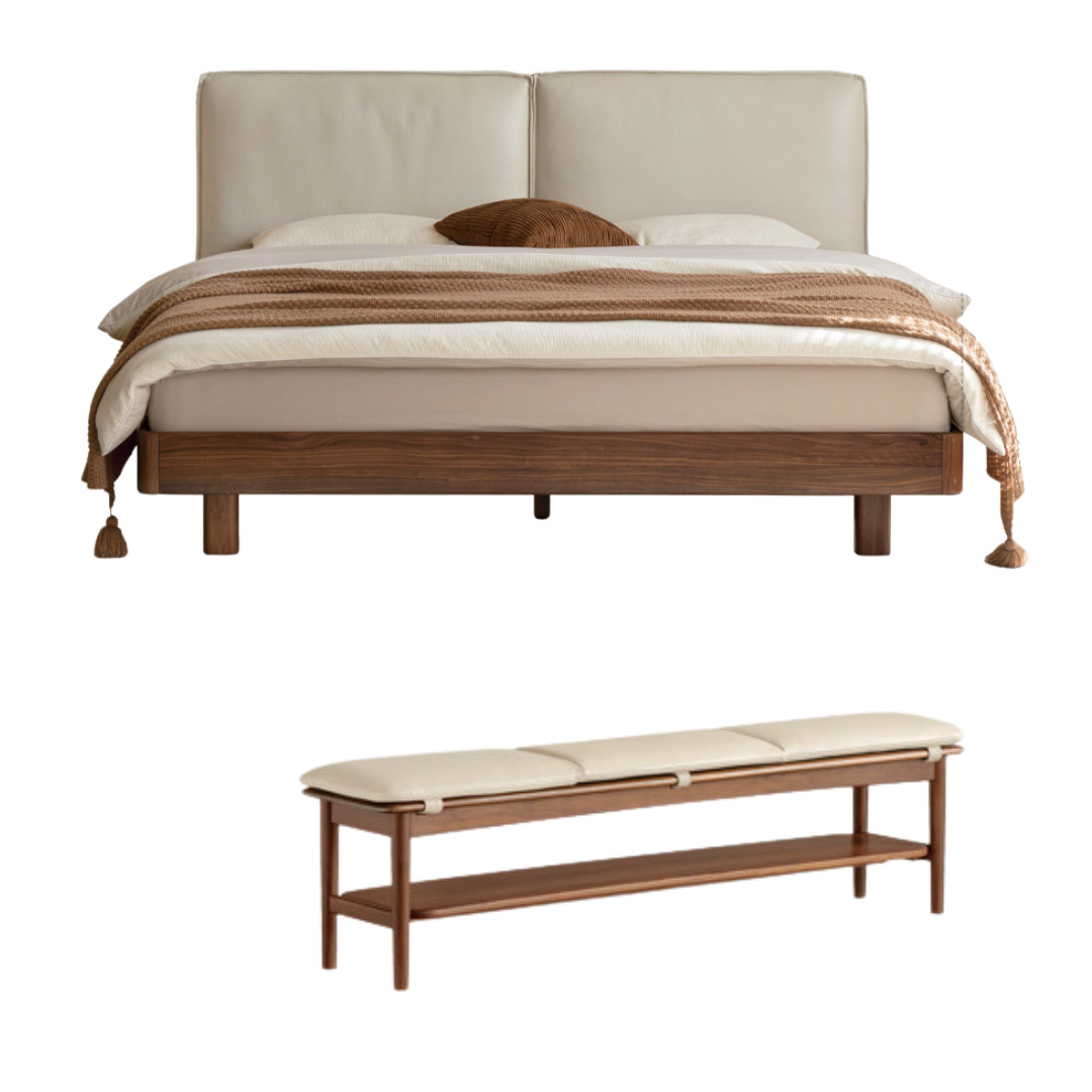 Sandalwood , Black Walnut Solid Wood Genuine Leather Suspended Bed with Light