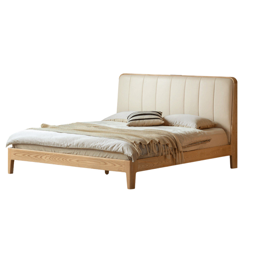 Teak, Black Walnut Solid Wood Bed Leather Soft Bed with Socket