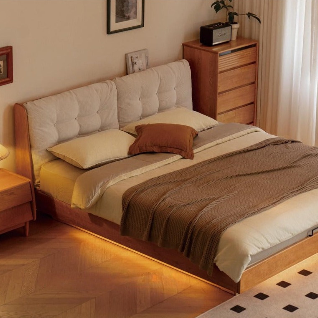 Cherry Solid Wood Box Bed Top Genuine Leather, Corduroy Suspended Bed