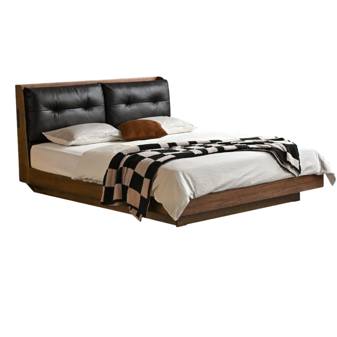 Black Walnut, Sandalwood Solid Wood Bed — Genuine Leather Upholstered, Simple Luxury Design
