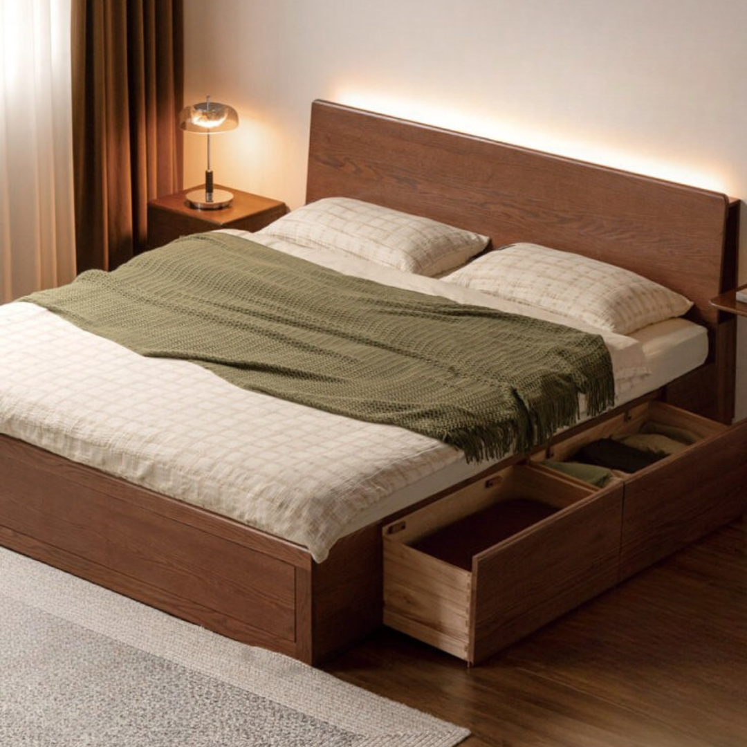 Oak, Rubberwood Solid Wood, Multifunctional Storage Box Bed